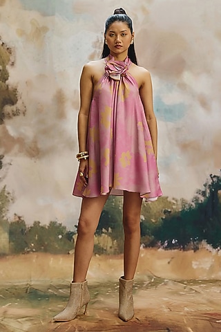 Multi-Colored Cotton Linen Halter Mini Dress by ZiP by Payal & Zinal