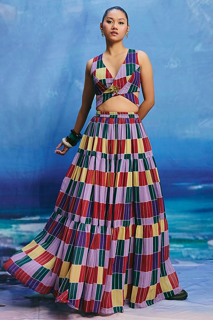 Multi-Colored Georgette Checkered Maxi Skirt by ZiP by Payal & Zinal at Pernia's Pop Up Shop