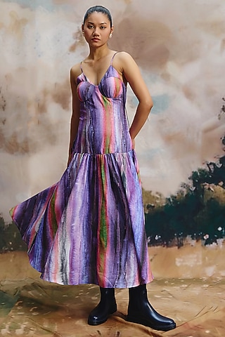 Multi-Colored Linen Striped Midi Dress by ZiP by Payal & Zinal
