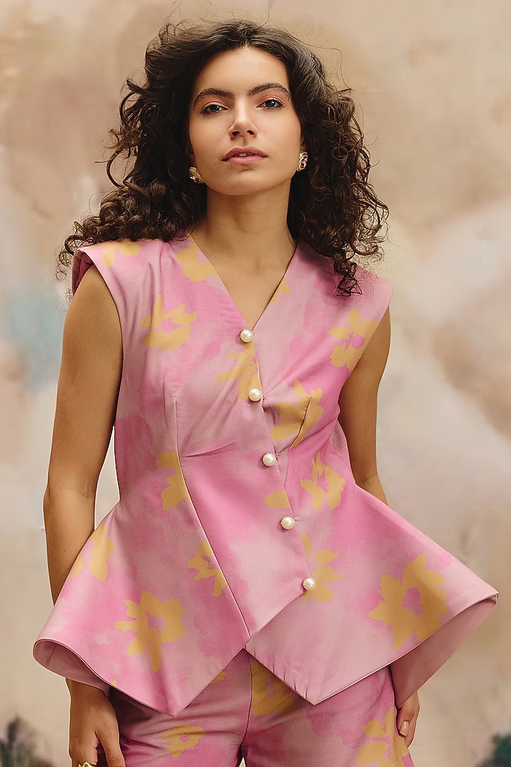 Pink Linen Floral Co-Ord Set by ZiP by Payal & Zinal at Pernia's Pop Up Shop