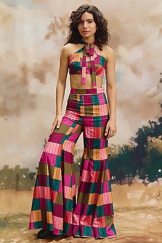 Multi-Colored Linen Patch Work Wide-Leg Pants by ZiP by Payal & Zinal