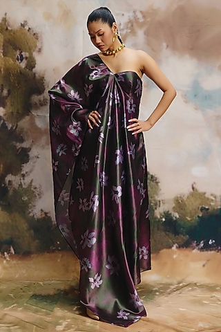 Multi-Colored Silk Floral Draped Cape Dress by ZiP by Payal & Zinal