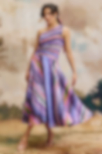 Multi-Colored Linen Striped One-Shoulder Maxi Summer Dress by ZiP by Payal & Zinal at Pernia's Pop Up Shop