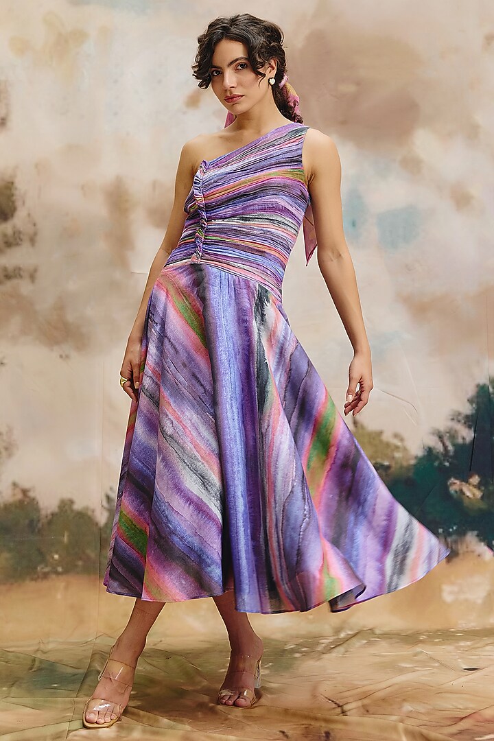 Multi-Colored Linen Striped One-Shoulder Maxi Summer Dress by ZiP by Payal & Zinal at Pernia's Pop Up Shop