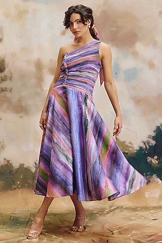 Multi-Colored Linen Striped One-Shoulder Maxi Dress by ZiP by Payal & Zinal