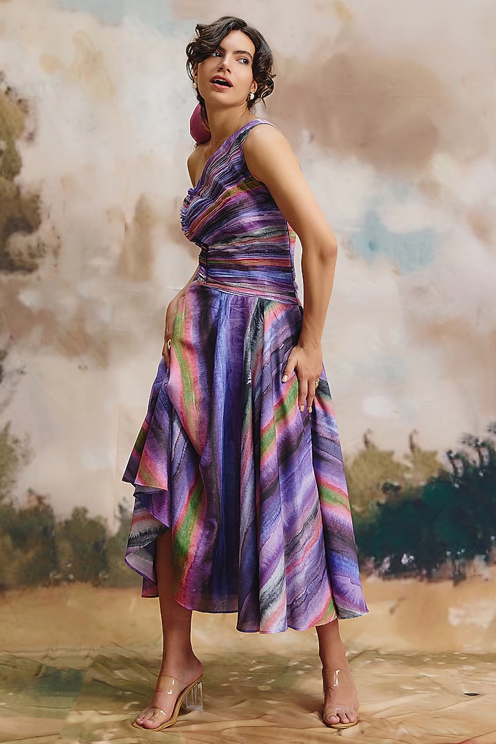 Multi-Colored Linen Striped One-Shoulder Maxi Summer Dress by ZiP by Payal & Zinal at Pernia's Pop Up Shop