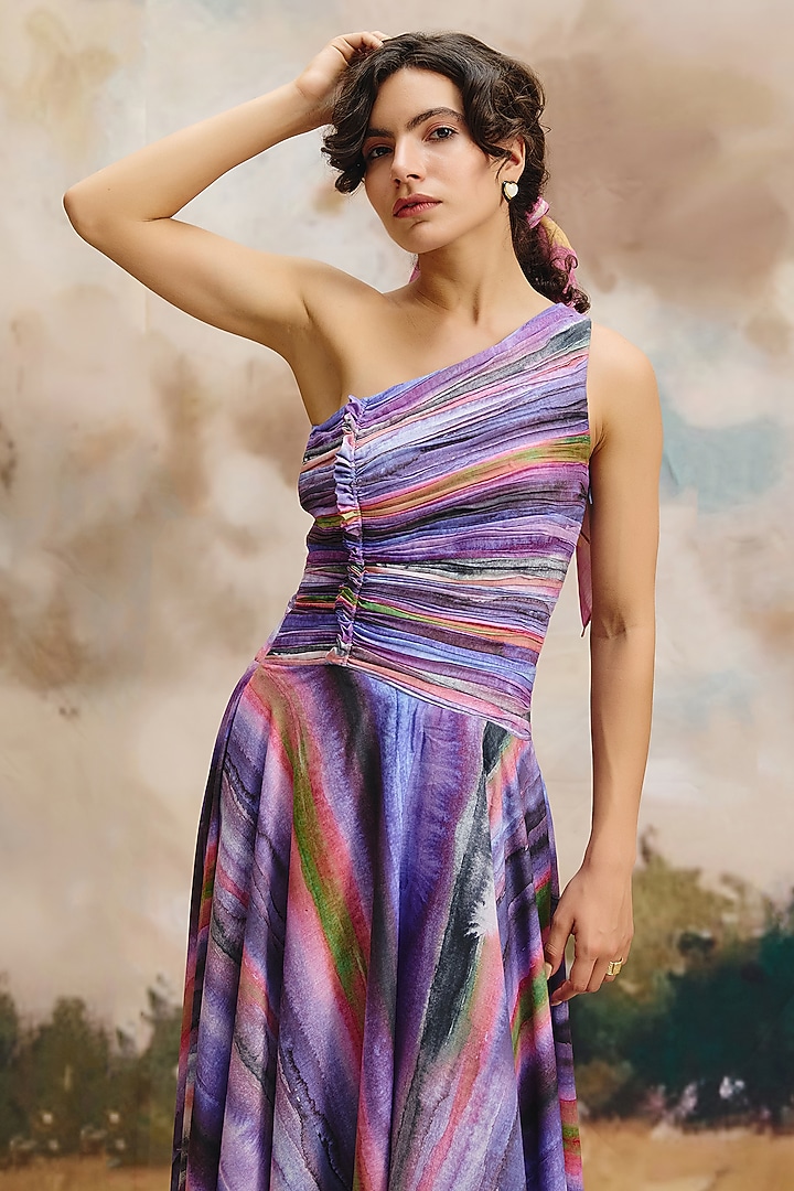 Multi-Colored Linen Striped One-Shoulder Maxi Summer Dress by ZiP by Payal & Zinal at Pernia's Pop Up Shop
