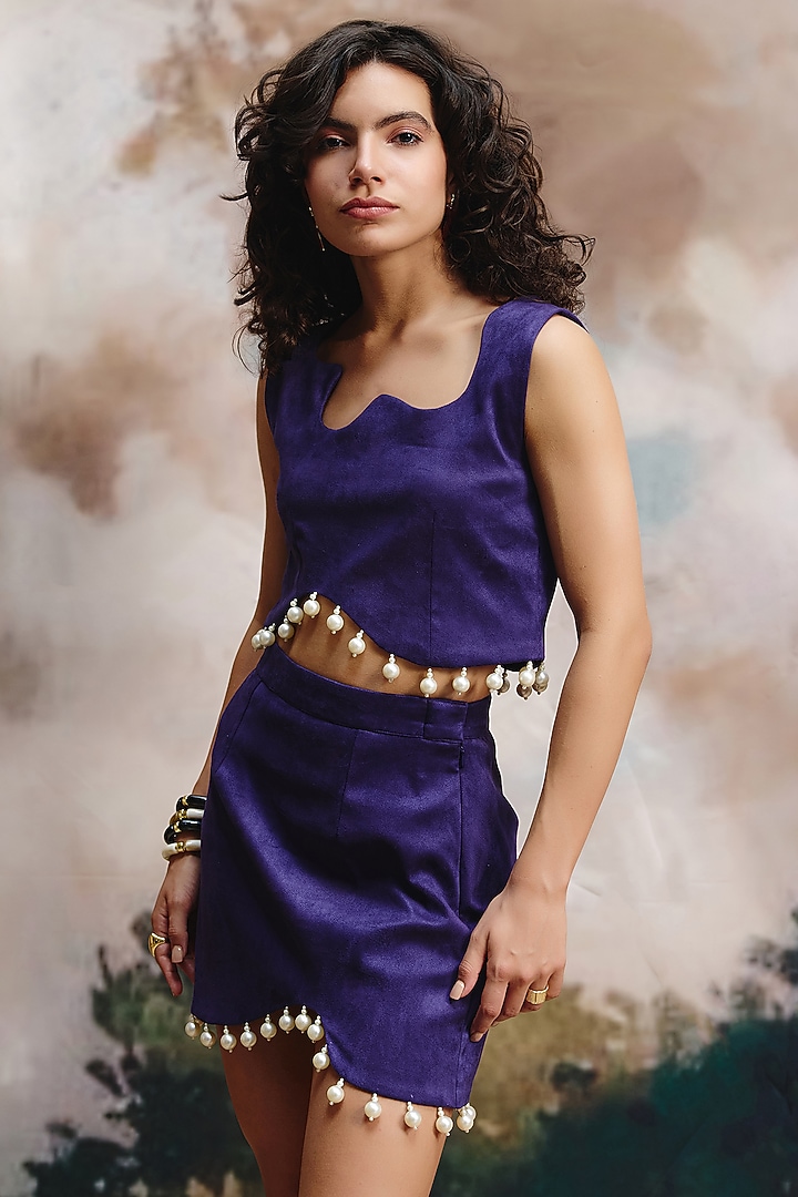 Multi-Colored Suede Pearl Embellished Mini Skirt by ZiP by Payal & Zinal at Pernia's Pop Up Shop