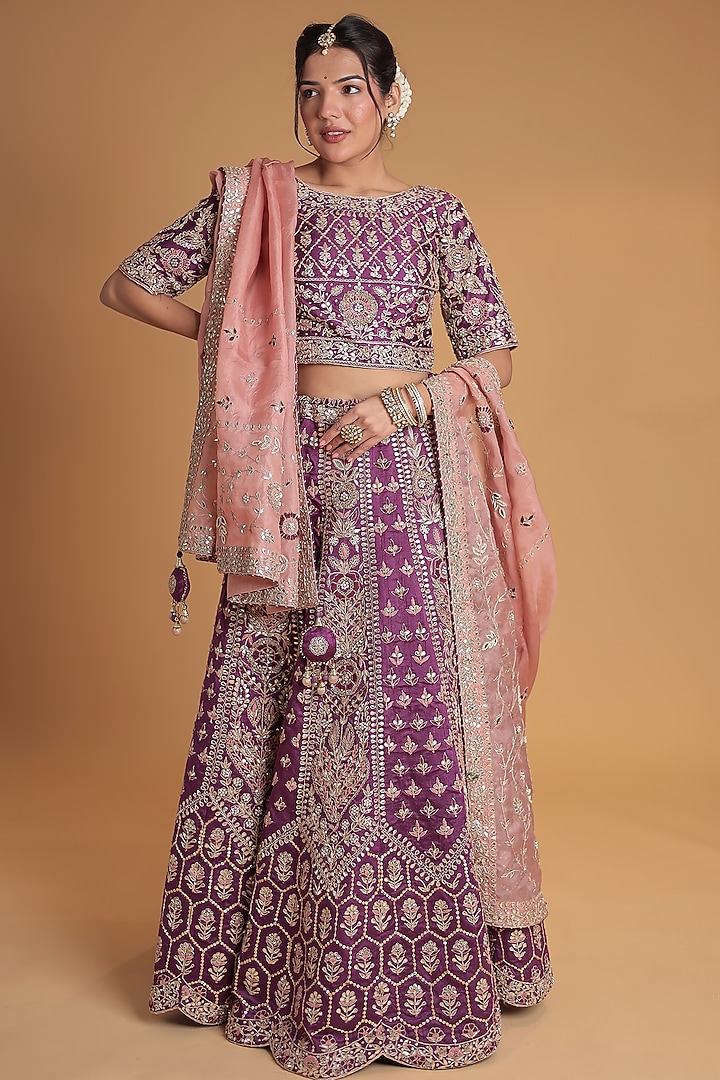 Purple Silk Gota Patti Embroidered Bridal Lehenga Set by Zari Jaipur at Pernia's Pop Up Shop