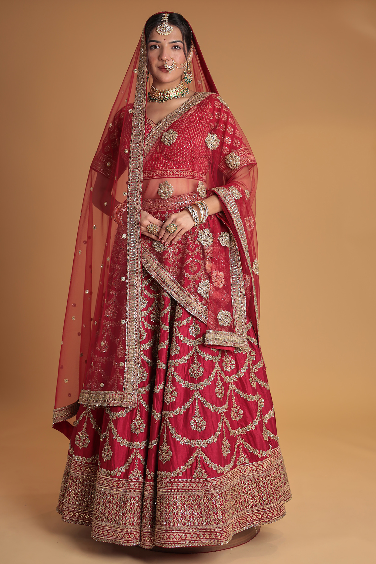 Red Silk Sequins Embroidered Bridal Lehenga Set by Zari Jaipur at Pernia's Pop Up Shop