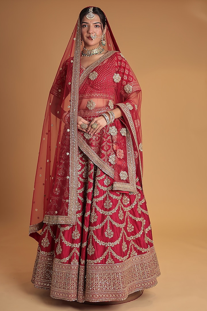 Red Silk Sequins Embroidered Bridal Lehenga Set by Zari Jaipur at Pernia's Pop Up Shop