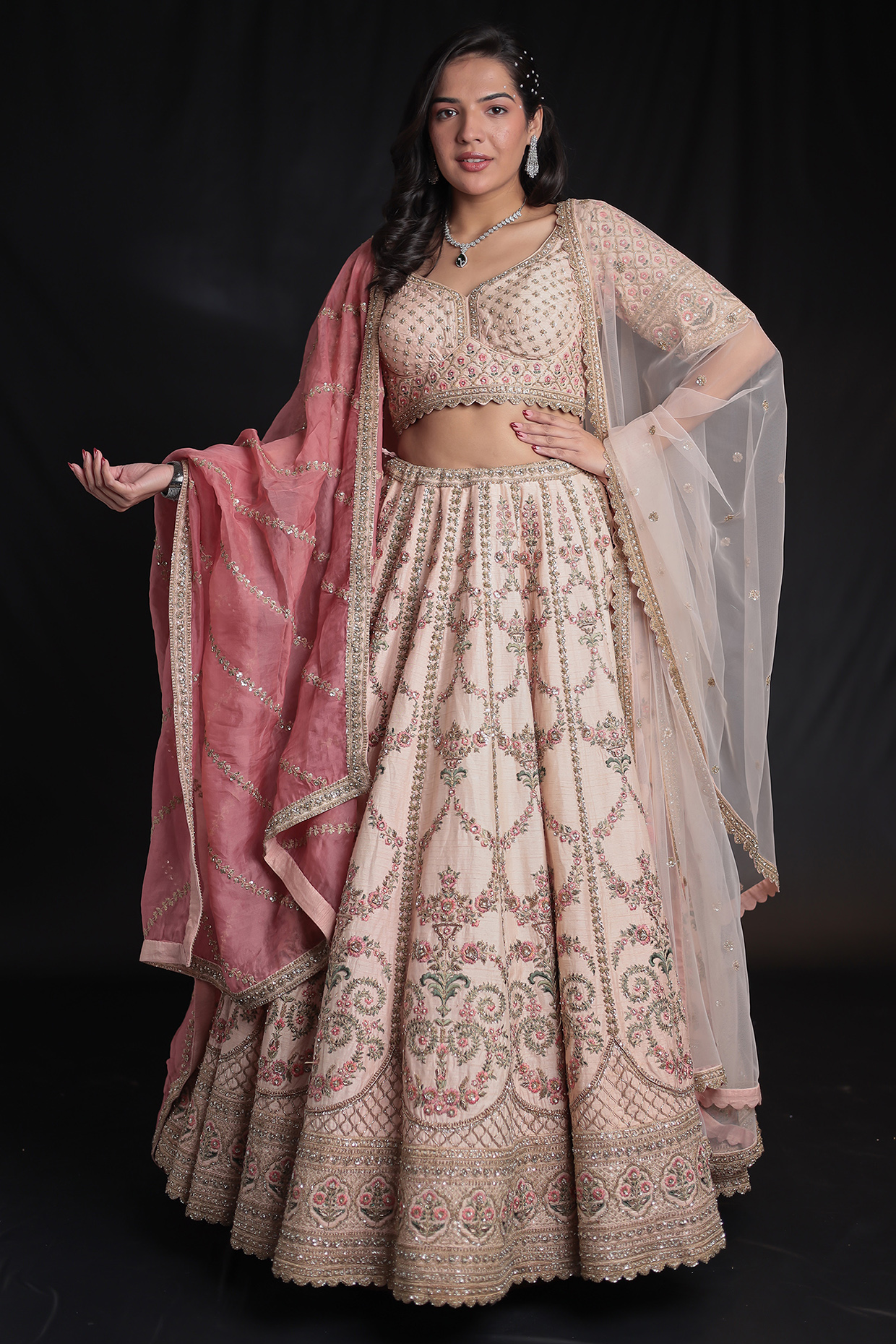 Peach Silk Zardosi Embroidered Bridal Lehenga Set by Zari Jaipur at Pernia's Pop Up Shop