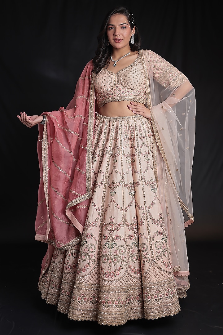 Peach Silk Zardosi Embroidered Bridal Lehenga Set by Zari Jaipur at Pernia's Pop Up Shop