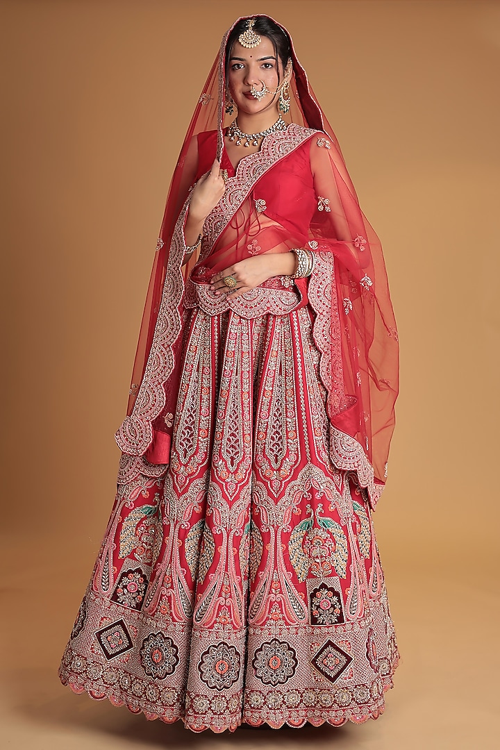 Red Silk Zardosi Embroidered Bridal Lehenga Set by Zari Jaipur at Pernia's Pop Up Shop