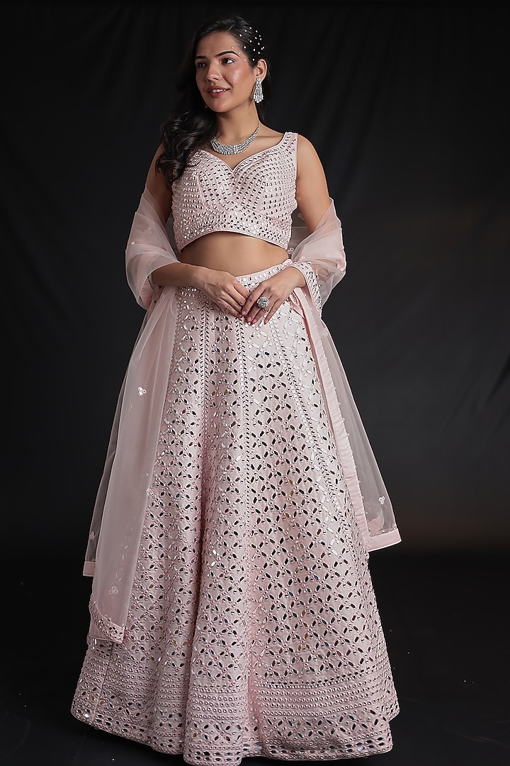 Light Pink Silk Mirror Embellished Wedding Lehenga Set by Zari Jaipur at Pernia's Pop Up Shop