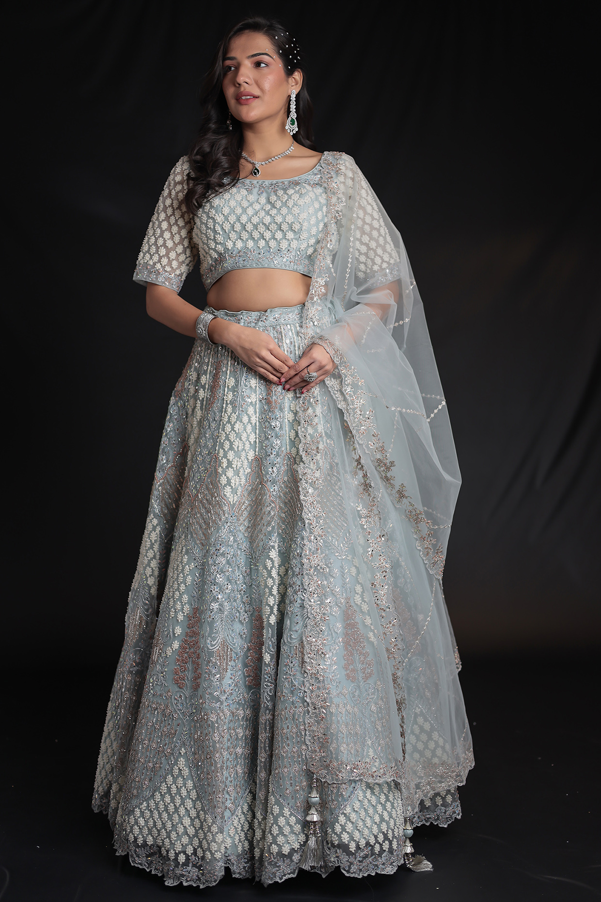 Light Blue Net Thread Embellished Wedding Lehenga Set by Zari Jaipur at Pernia's Pop Up Shop