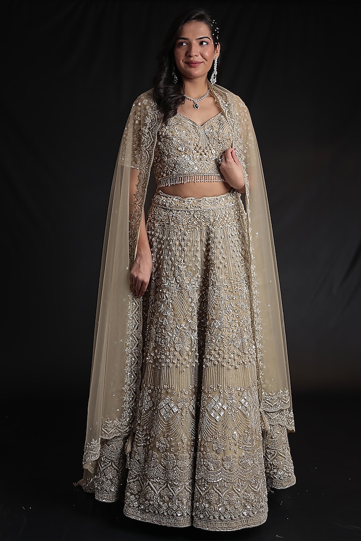 Brown Net Embellished Bridal Lehenga Set by Zari Jaipur at Pernia's Pop Up Shop