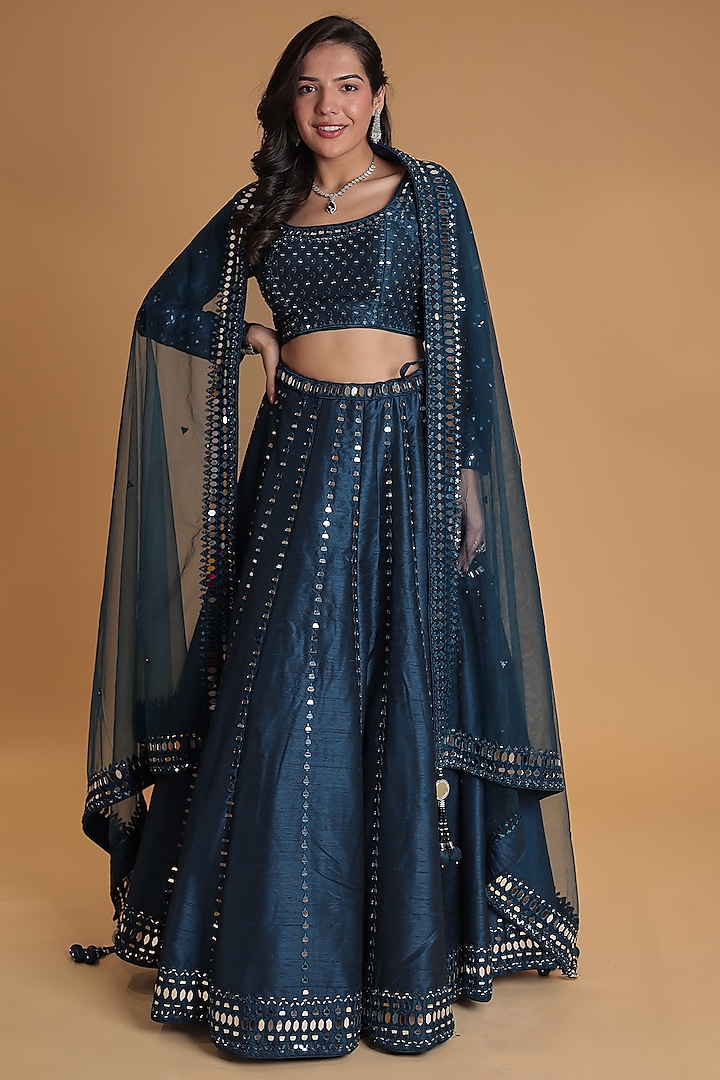 Dark Blue Silk Mirror Embellished Wedding Lehenga Set by Zari Jaipur at Pernia's Pop Up Shop