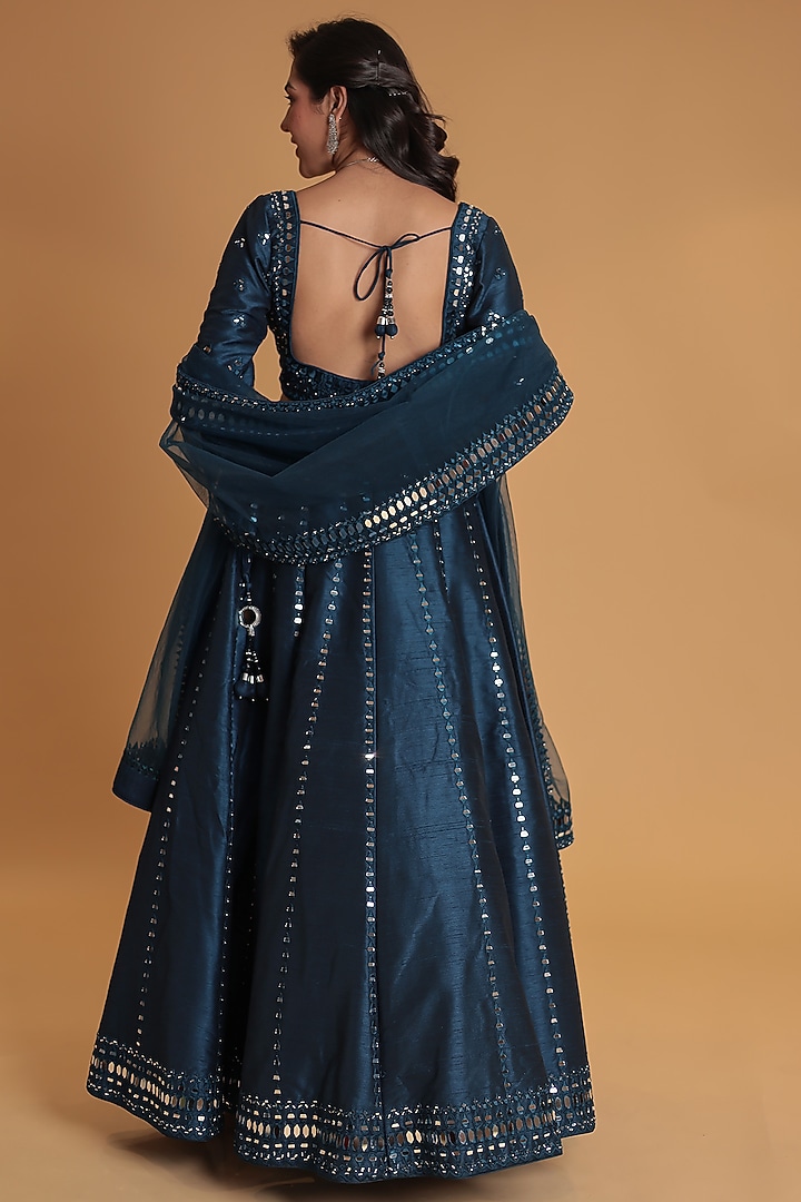 Dark Blue Silk Mirror Embellished Wedding Lehenga Set by Zari Jaipur at Pernia's Pop Up Shop