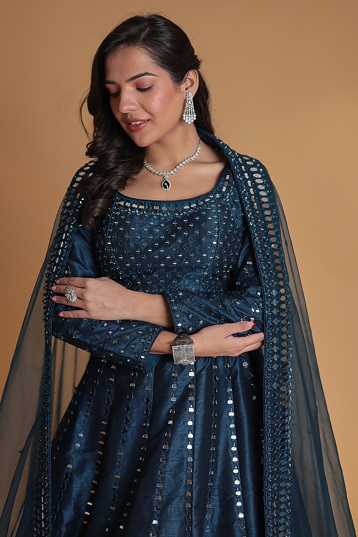 Dark Blue Silk Mirror Embellished Wedding Lehenga Set by Zari Jaipur at Pernia's Pop Up Shop
