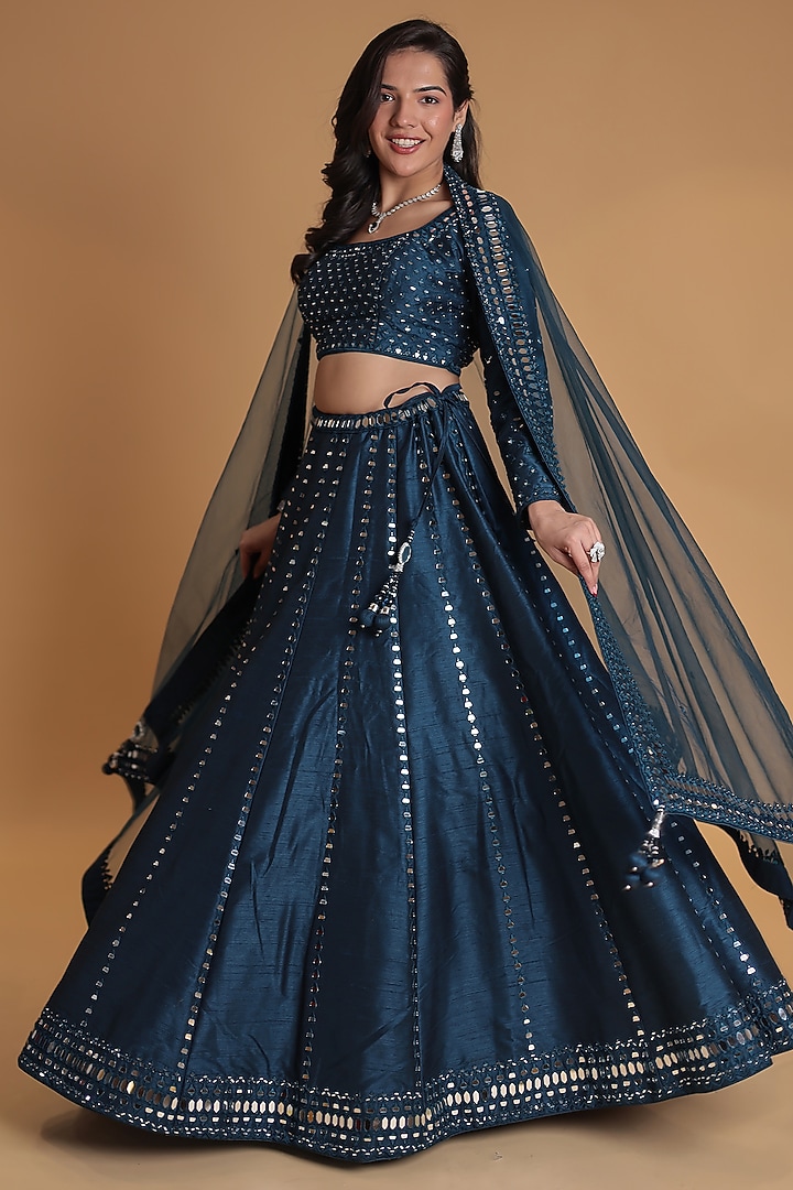 Dark Blue Silk Mirror Embellished Wedding Lehenga Set by Zari Jaipur at Pernia's Pop Up Shop