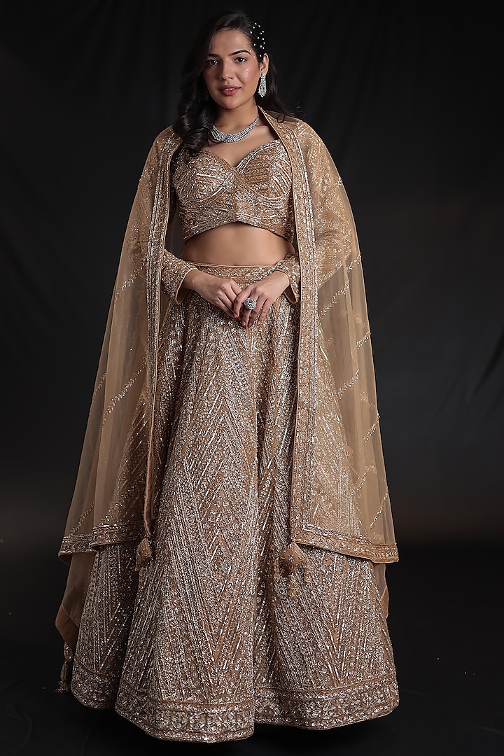 Gold Net Cutdana Embroidered Bridal Lehenga Set by Zari Jaipur at Pernia's Pop Up Shop