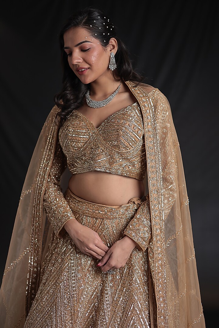Gold Net Cutdana Embroidered Bridal Lehenga Set by Zari Jaipur at Pernia's Pop Up Shop
