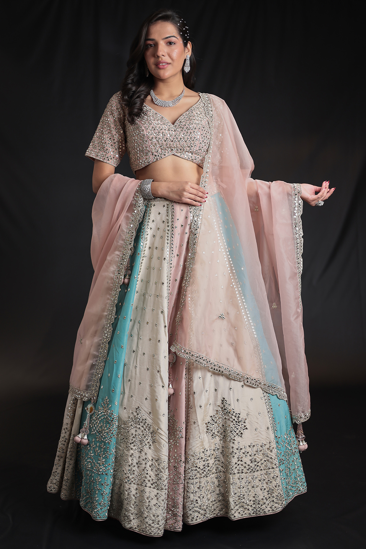 Multi-Colored Silk Mirror Embroidered Bridal lehenga for 22 Lehenga Set by Zari Jaipur at Pernia's Pop Up Shop