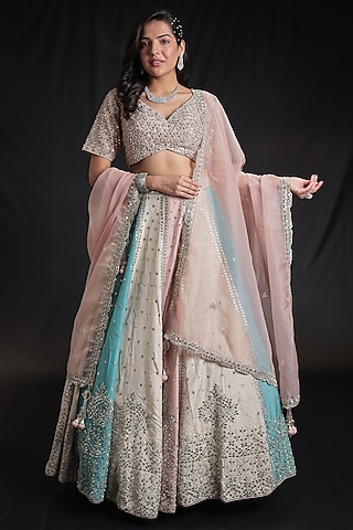 Multi-Colored Silk Mirror Embroidered Lehenga Set by Zari Jaipur