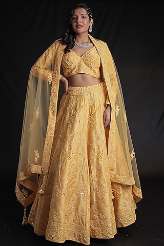 Yellow Silk Embellished Lehenga Set by Zari Jaipur