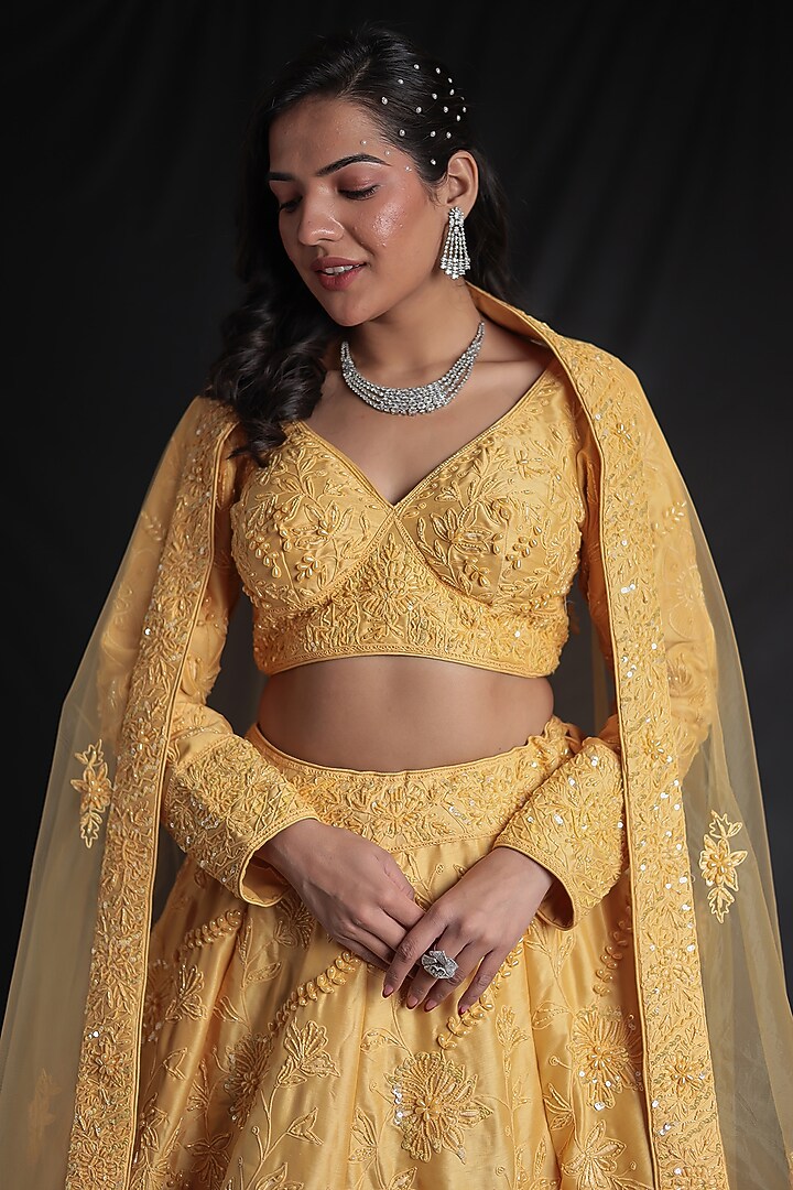 Yellow Silk Embellished Bridal Lehenga Set by Zari Jaipur at Pernia's Pop Up Shop