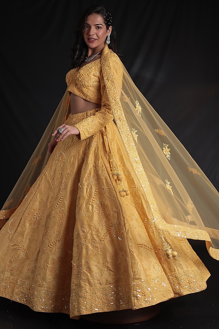 Yellow Silk Embellished Bridal Lehenga Set by Zari Jaipur at Pernia's Pop Up Shop