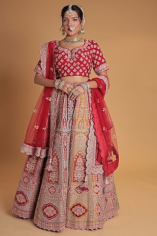 Multi-Colored Silk Embroidered Lehenga Set by Zari Jaipur