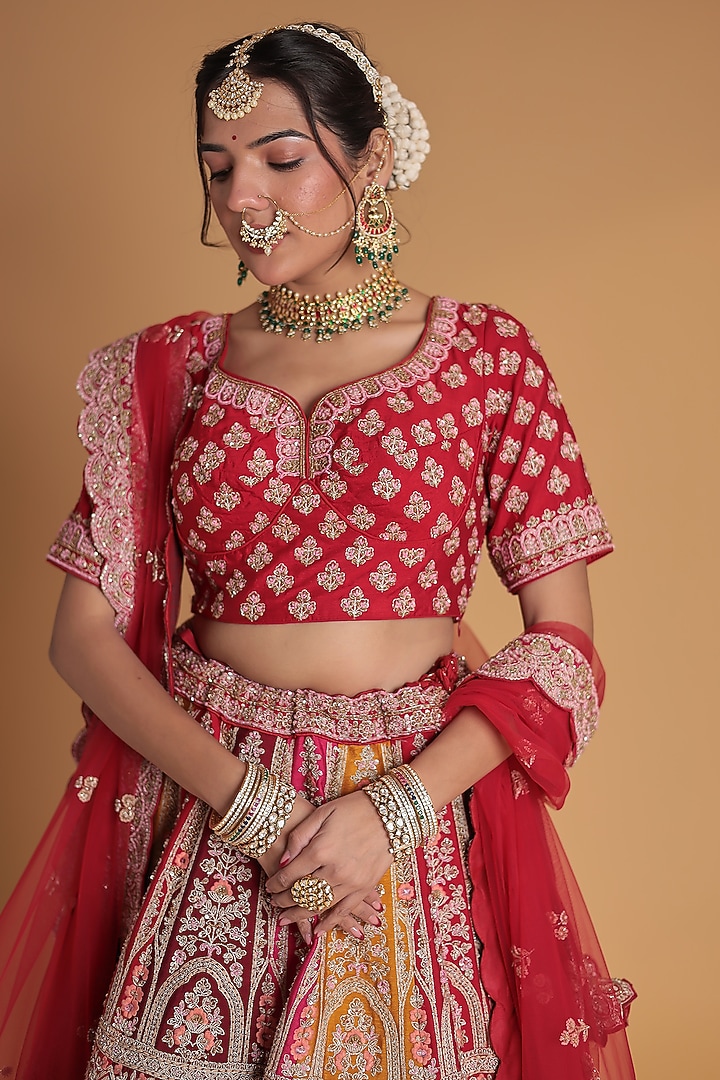 Multi-Colored Silk Embroidered Bridal Lehenga Set by Zari Jaipur at Pernia's Pop Up Shop