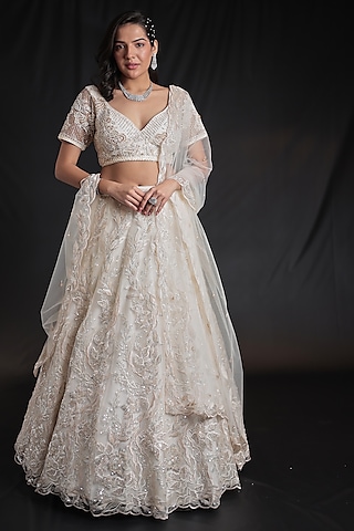 Cream Net Sequins Embroidered Lehenga Set by Zari Jaipur