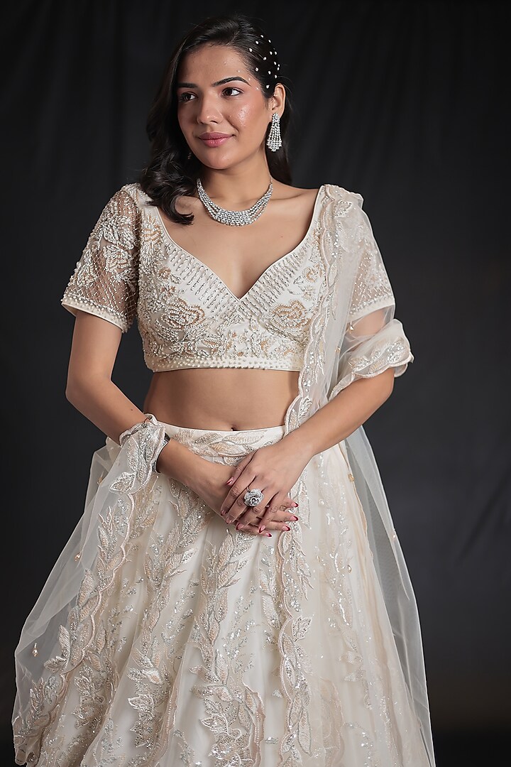 Cream Net Sequins Embroidered Wedding Lehenga Set by Zari Jaipur at Pernia's Pop Up Shop