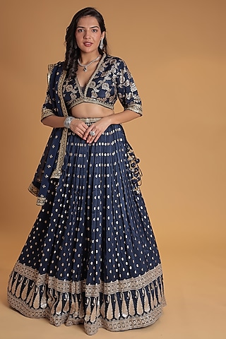 Blue Banarasi Silk Embroidered Lehenga Set by Zari Jaipur