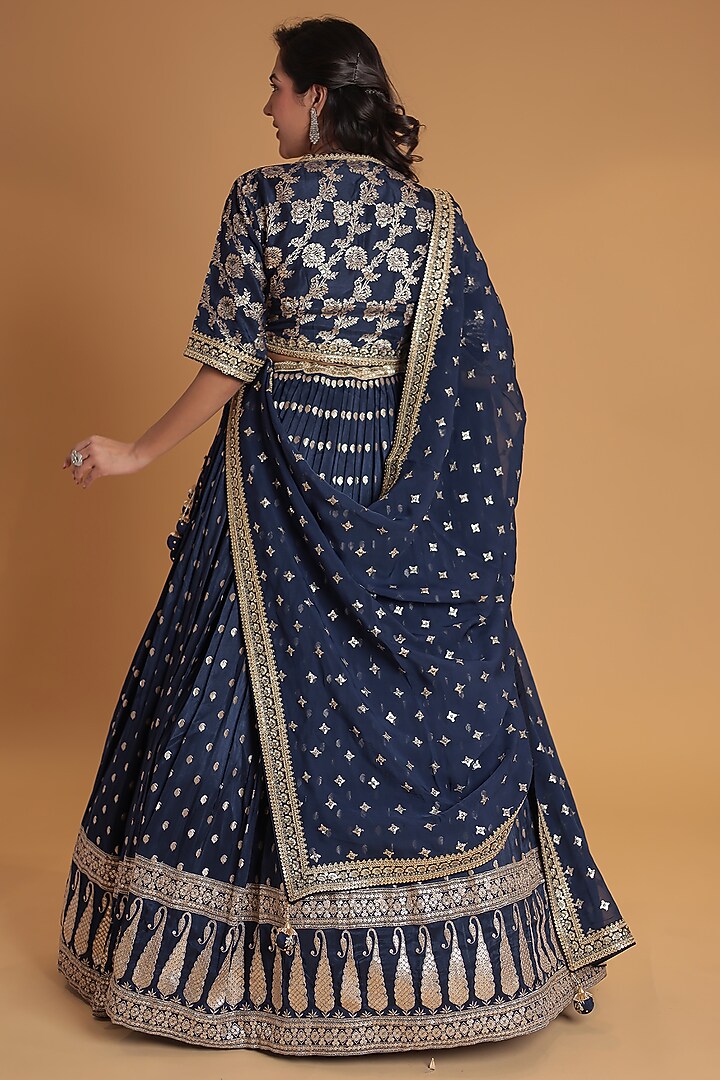 Blue Banarasi Silk Embroidered Wedding Lehenga Set by Zari Jaipur at Pernia's Pop Up Shop