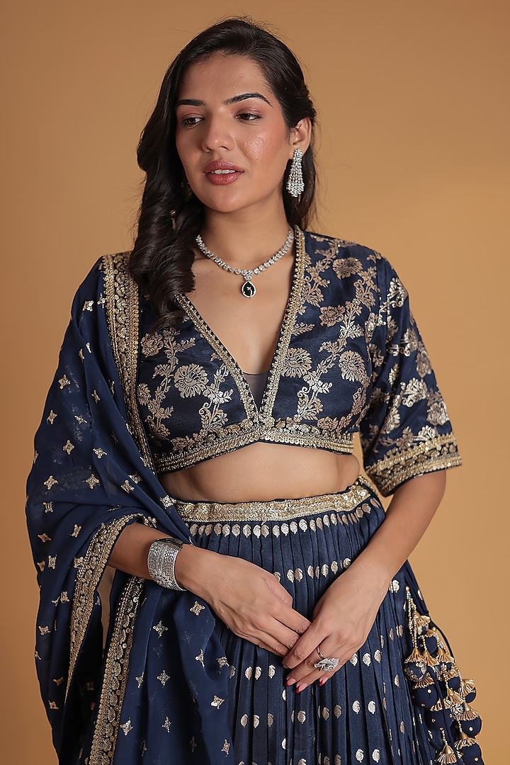 Blue Banarasi Silk Embroidered Wedding Lehenga Set by Zari Jaipur at Pernia's Pop Up Shop