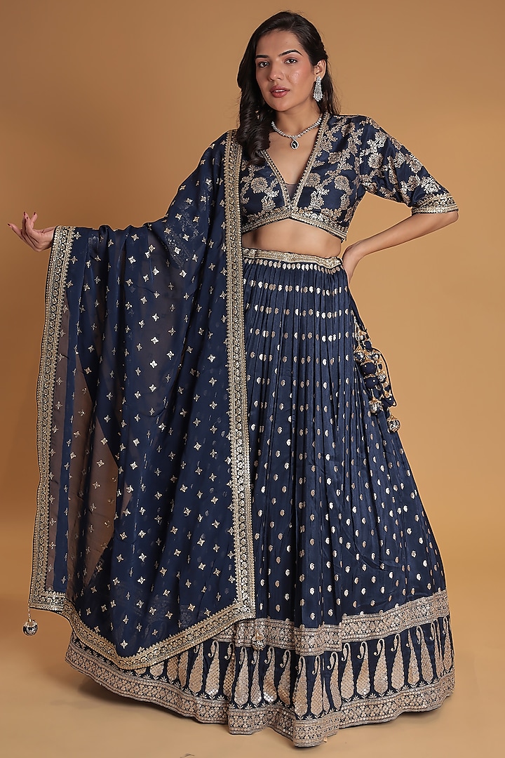 Blue Banarasi Silk Embroidered Wedding Lehenga Set by Zari Jaipur at Pernia's Pop Up Shop
