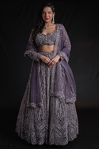 Purple Net Embellished Lehenga Set by Zari Jaipur