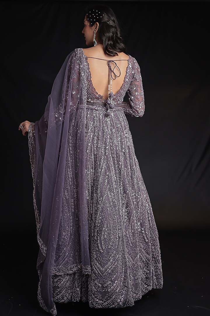 Purple Net Embellished Wedding Lehenga Set by Zari Jaipur at Pernia's Pop Up Shop