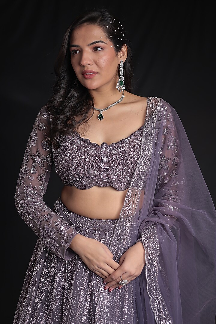 Purple Net Embellished Wedding Lehenga Set by Zari Jaipur at Pernia's Pop Up Shop