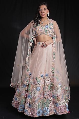 Peach Organza Embellished Lehenga Set by Zari Jaipur