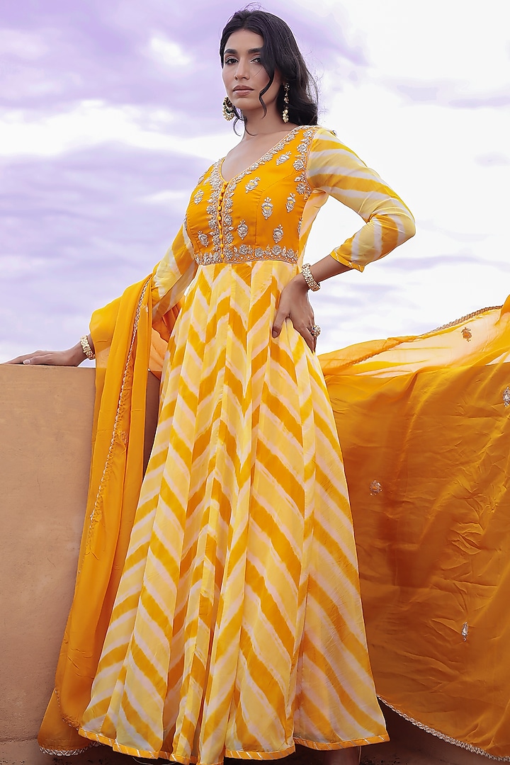 Yellow Organza Zardosi Embroidered Leheriya Anarkali With Dupatta by Zari Jaipur at Pernia's Pop Up Shop