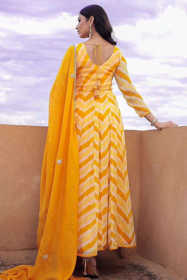 Yellow Organza Zardosi Embroidered Leheriya Party Wear Anarkali With Dupatta by Zari Jaipur at Pernia's Pop Up Shop