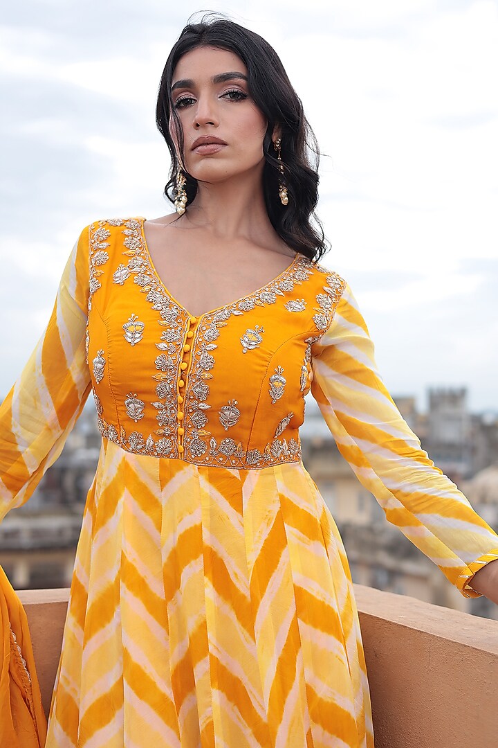 Yellow Organza Zardosi Embroidered Leheriya Party Wear Anarkali With Dupatta by Zari Jaipur at Pernia's Pop Up Shop