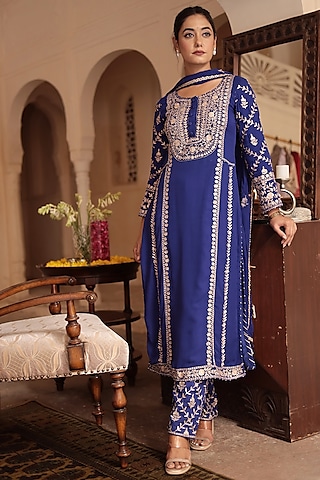 Dark Blue Georgette Pitta Embroidered Kurta Set by Zari Jaipur