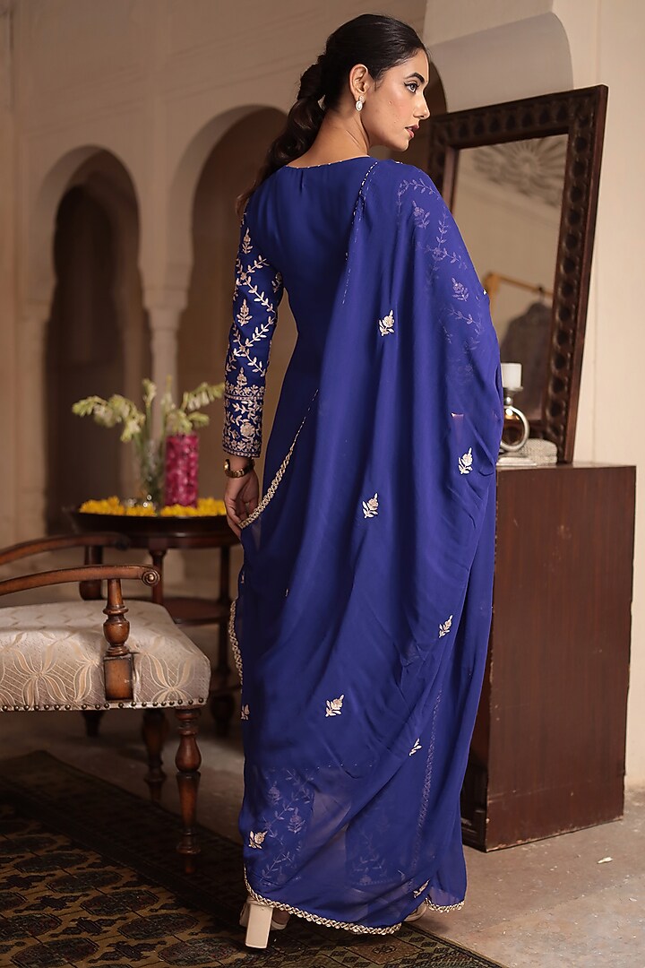 Dark Blue Georgette Pitta Embroidered Kurta Set by Zari Jaipur at Pernia's Pop Up Shop