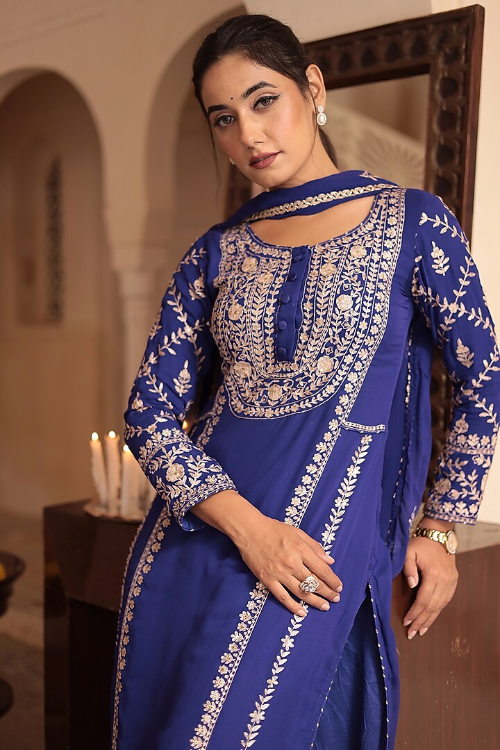 Dark Blue Georgette Pitta Embroidered Kurta Set by Zari Jaipur at Pernia's Pop Up Shop